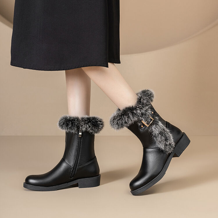 Women's Black Snow Boots - Winter Ankle Boots with Faux Fur and Studded Details