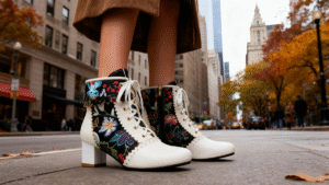 Women's Floral Ankle Boots - Lace-Up Brogue Style with Plush Lining