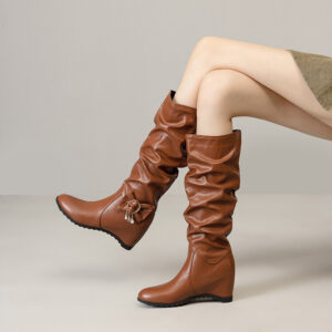 Brown Plus Size Riding Boots with ruched detail, tassel decor, and a comfortable platform heel for women