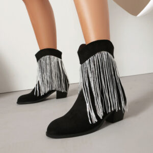 Women's 5cm Chunky Heel Fringe Boots - Fashion Suede Ankle Boots with Tassel Design and Slip-Resistant Rubber Sole (Black)