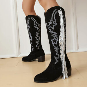 Women's 5cm Chunky Heel High Shaft Boots - Fashion Suede Fringe Embroidery Boots with Round Toe and Slip-Resistant Rubber Sole (Black)