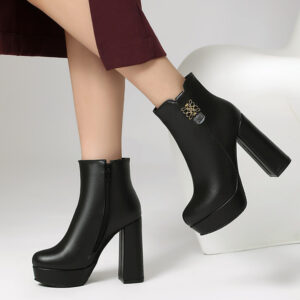 Women's 11.5cm High Heel Ankle Boots - Fashion PU Short Boots with Slip-Resistant Rubber Sole (Black & Beige)