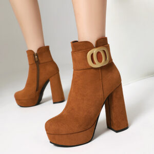 Women's 11.5cm Chunky Heel Ankle Boots - Fashion Suede Round Toe Riding Boots with Slip-Resistant Rubber Sole (Black & Orange)