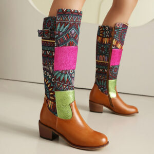 Women's Large Size Casual Vintage Knee High Boots - Color Block Round Toe Winter Warm Long Boots