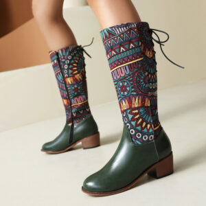 Women's Vintage Ethnic Style Knee High Boots - Spliced Patchwork Design with Rear Lace-Up