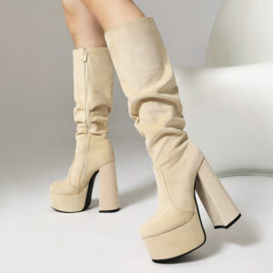 Women's 14.5cm Platform Suede Knee High Boots | Punk Style High Heel Boots with Wrinkle Design