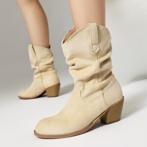 Women's 6cm Chunky Heel Mid Calf Boots | Western Cowboy Style Suede V-Cut Boots with Wrinkle Design