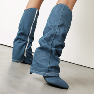 Womens 8.5cm Denim Fabric Mid Calf Boots | Pointed Toe Side Zipper High Heel Fashion Boots