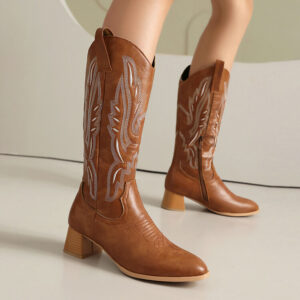 Womens Western Cowboy Boots | Vintage Embroidery V-Cut Knight Boots with Chunky Heel