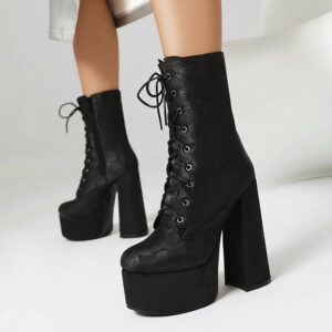 Womens Square Toe Platform Ankle Boots | Chunky Heel Front Lace-up Fashion Boots