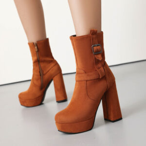 Elegant Belt Buckle Suede Short Boots | Platform Chunky Heel Knight Boots for Women