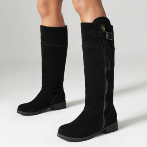 Women's Knee High Boots with Fringed Design - Buckle Closure - Plus Size Available