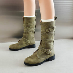 Women's Mid Calf Boots with Buckle - Vintage Style - Comfortable Chunky Heel