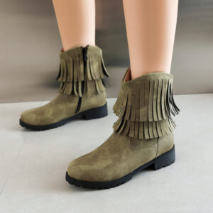 Women's Ankle Boots with Fringe - Suede Material - Chunky Heel Fashion Boots